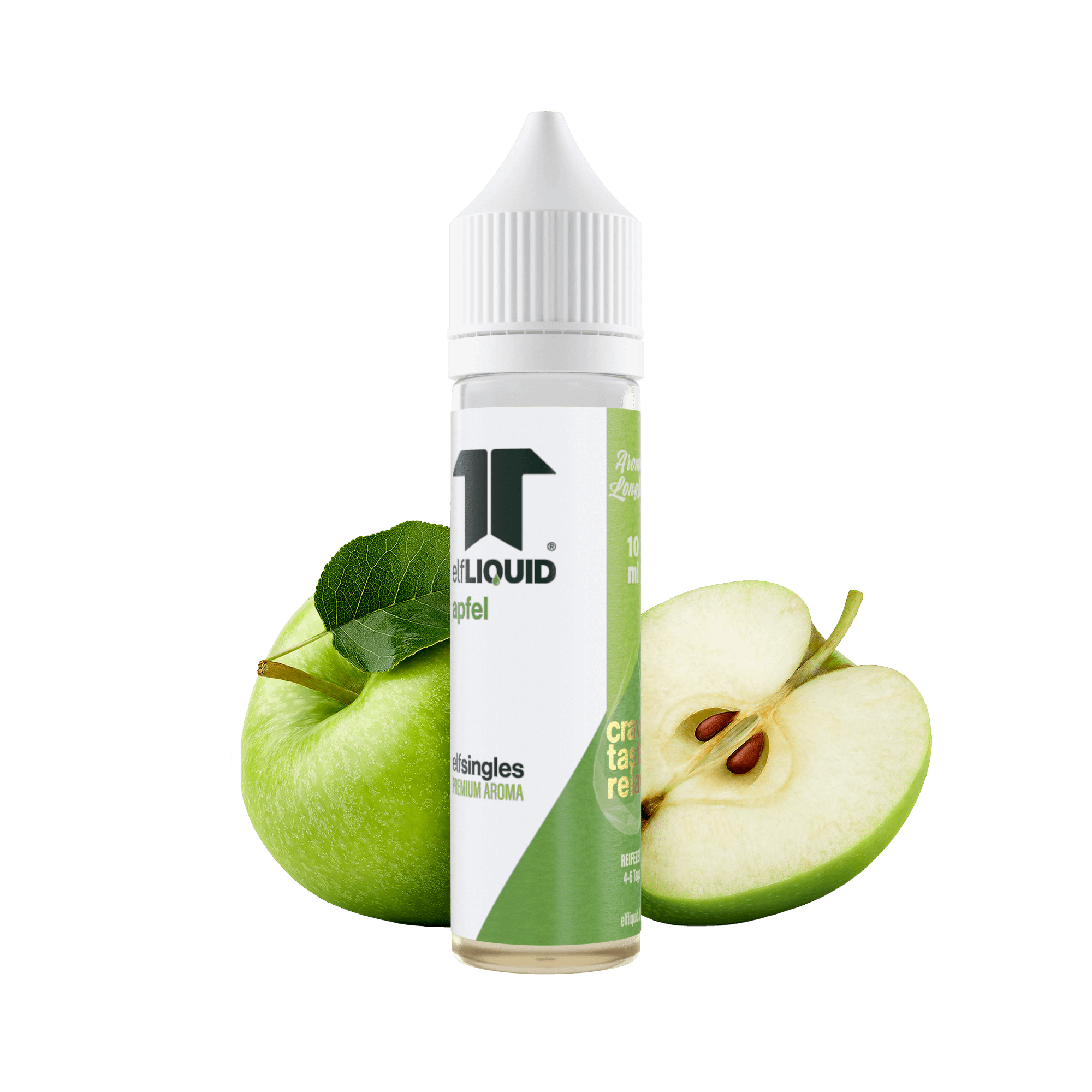 Elf-Liquid Longfill Aroma Apfel 10ml – schräg von rechts mit Apfelstücken