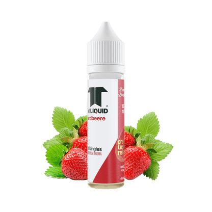 Elf-Liquid Longfill Aroma Erdbeere 10ml – schräg von rechts mit Erdbeerblättern