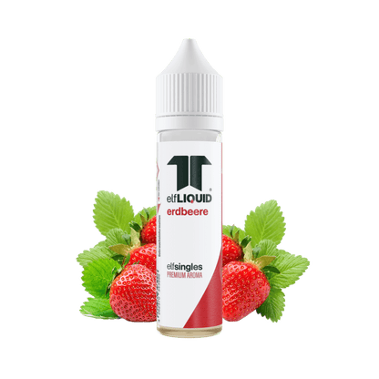 Elf-Liquid Longfill Aroma Erdbeere 10ml Flasche – Frontansicht mit Erdbeeren