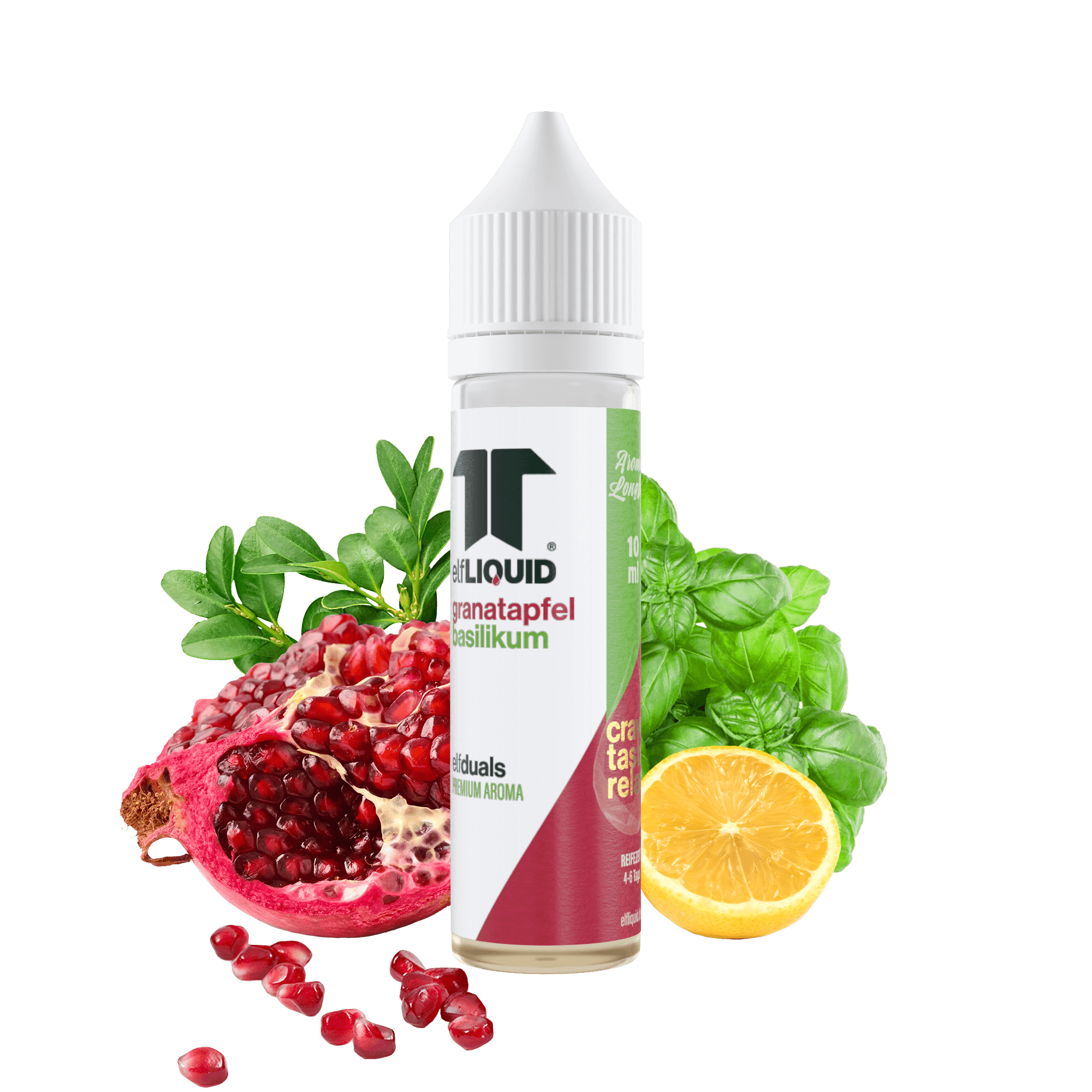 Elf-Liquid Longfill Aroma 10ml in 60ml Flasche Granatapfel-Basilikum mit Granatapfel und Basilikum im Hintergrund von der Seite
