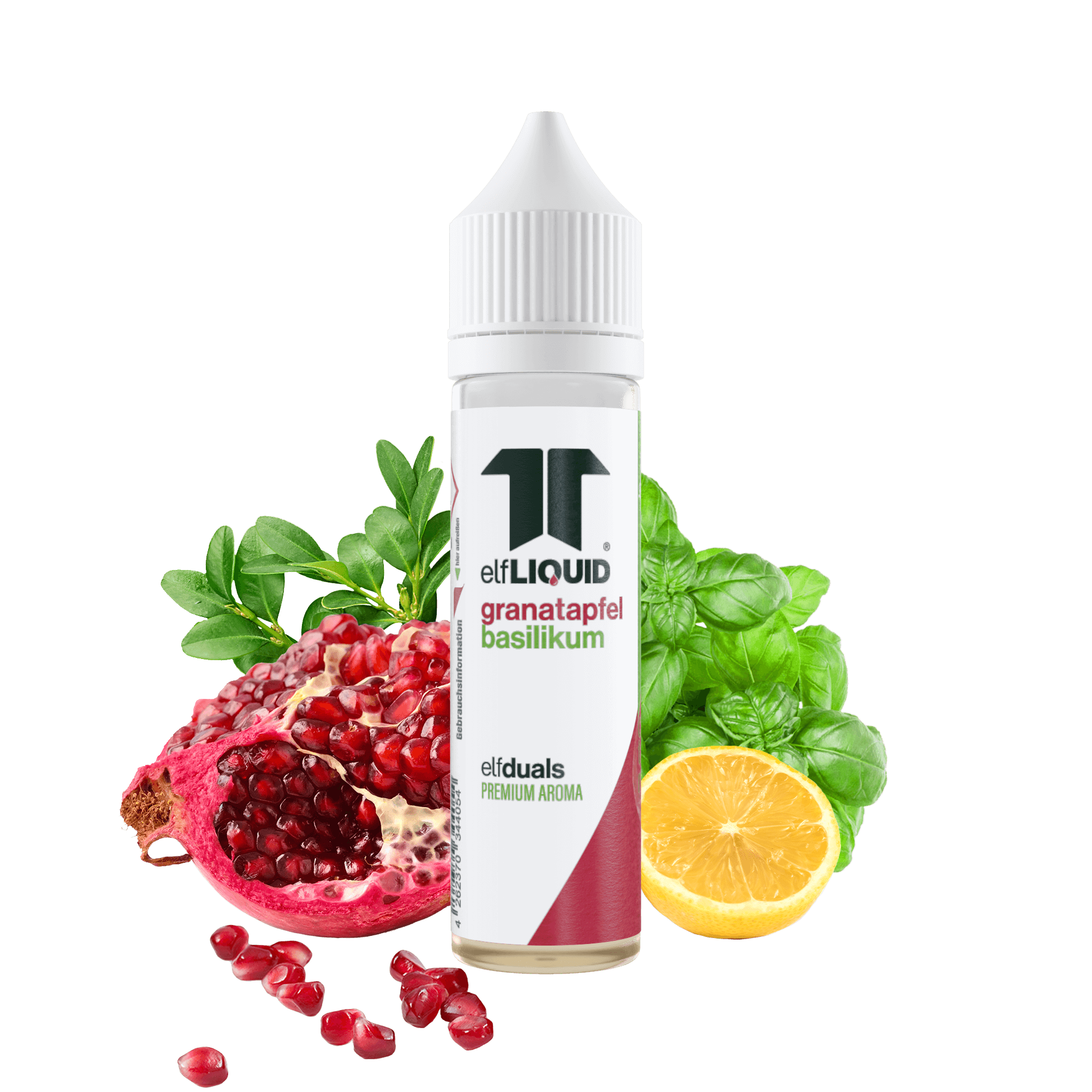 Elf-Liquid Longfill Aroma 10ml in 60ml Flasche Granatapfel-Basilikum mit Granatapfel und Basilikum im Hintergrund Frontalansicht