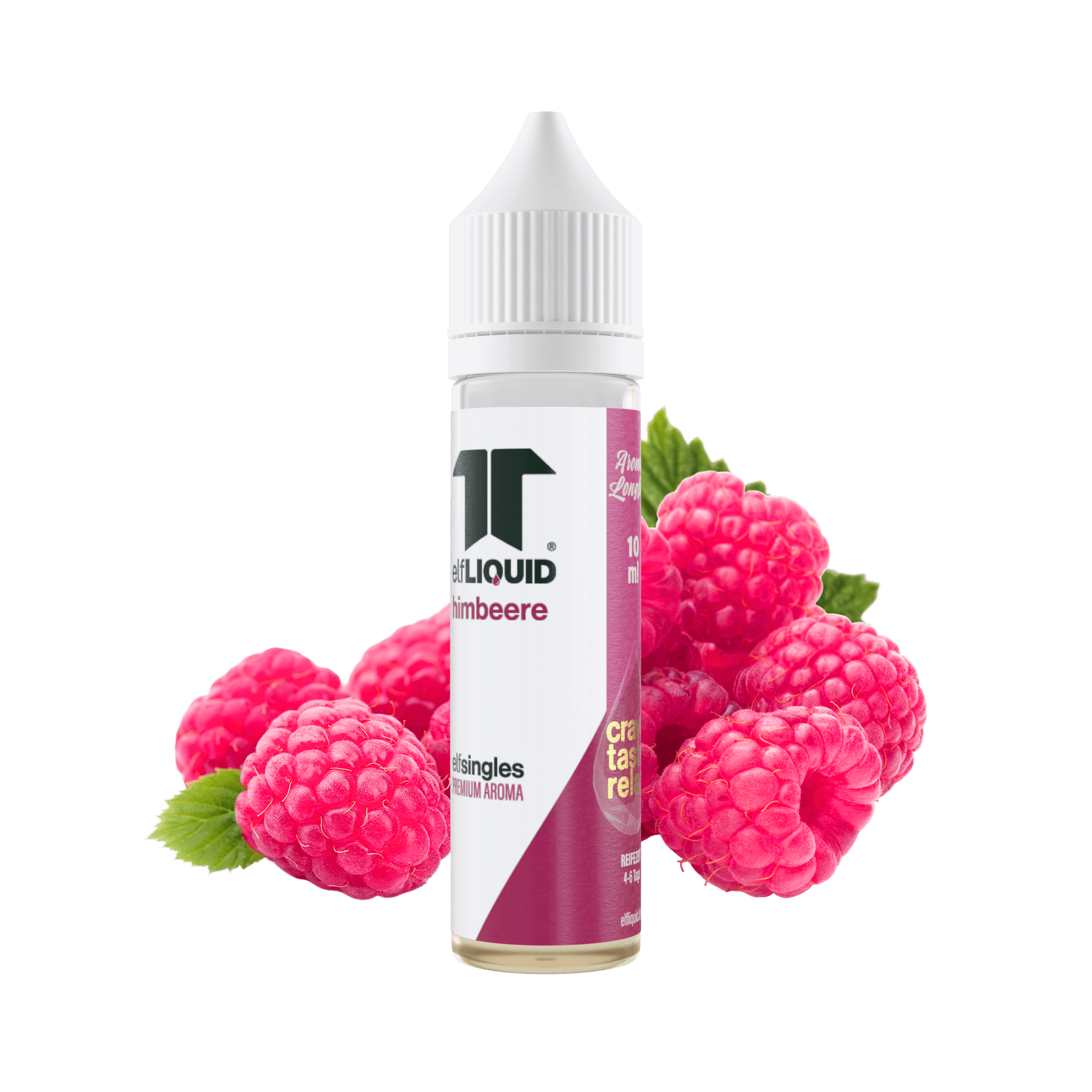 Elf-Liquid Longfill Aroma Himbeere 10ml – schräg von rechts mit saftigen  pinken Himbeeren