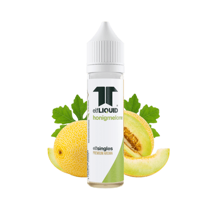 Elf-Liquid Longfill Aroma Honigmelone 10ml Flasche – Frontansicht mit Honigmelone im Hintergrund