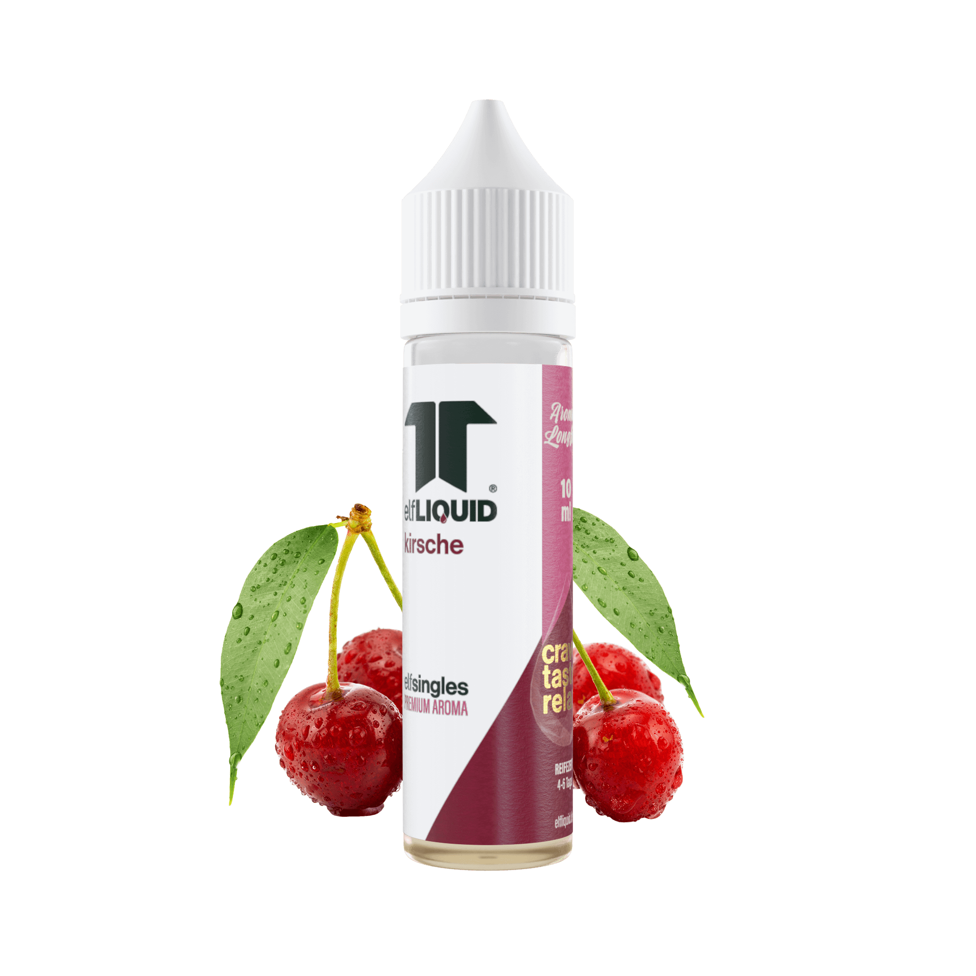Elf-Liquid Longfill Aroma Kirsche 10ml – schräge Ansicht mit Kirschzweig