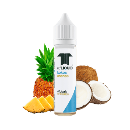 Elf-Liquid Longfill Aroma Kokos-Ananas 10ml Flasche – Frontansicht mit Kokosnuss und Ananasstücken