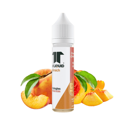 Elf-Liquid Longfill Aroma Pfirsich 10ml – schräg fotografiert mit Pfirsichhälften