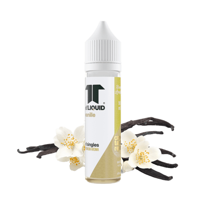Elf-Liquid Longfill Aroma Vanille 10ml – schräge Ansicht mit Vanilleschote und Blüte